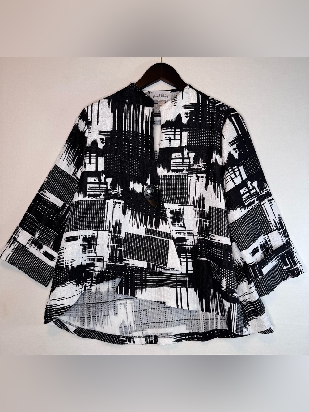 Joseph Ribkoff Black White Asymmetrical 3/4 Sleeve Swing Jacket in size 14
